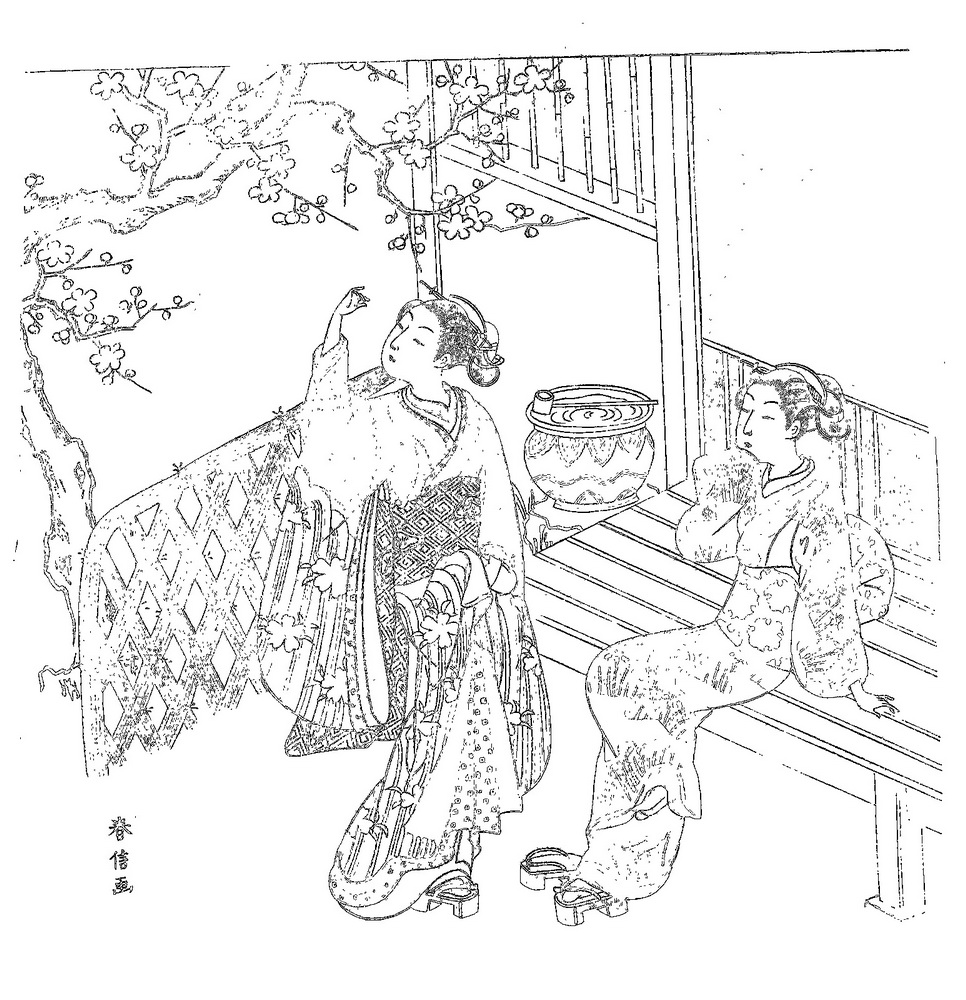 鈴木春信「軒先で梅の花を見る二人の女」塗り絵