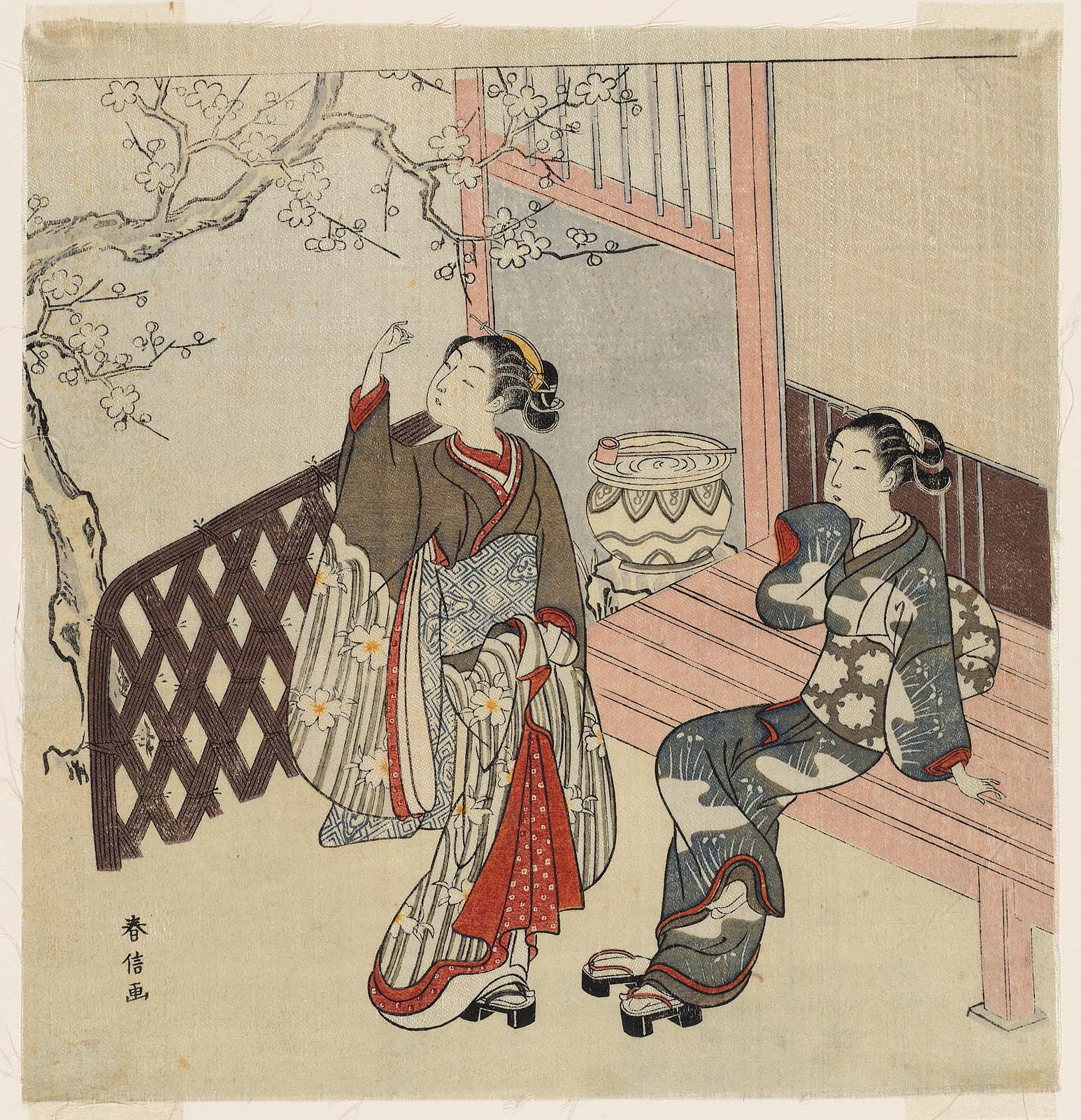 鈴木春信「軒先で梅の花を見る二人の女」